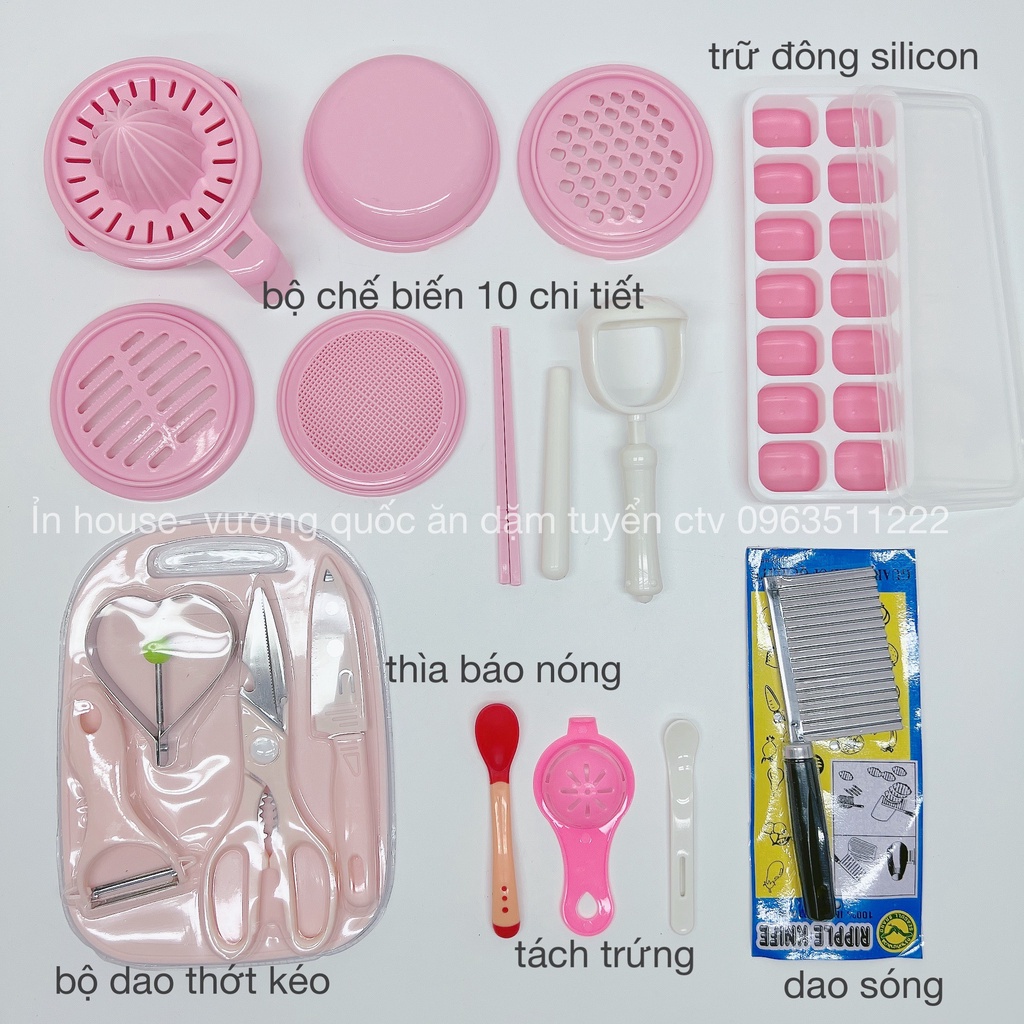 Bộ Dụng Cụ Chế Biến Đồ Ăn Dặm Cho Bé 10-16 Chi Tiết Chày Cối Dao Thớt Thìa Đong Mài Nghiền Rây Hấp Lọc