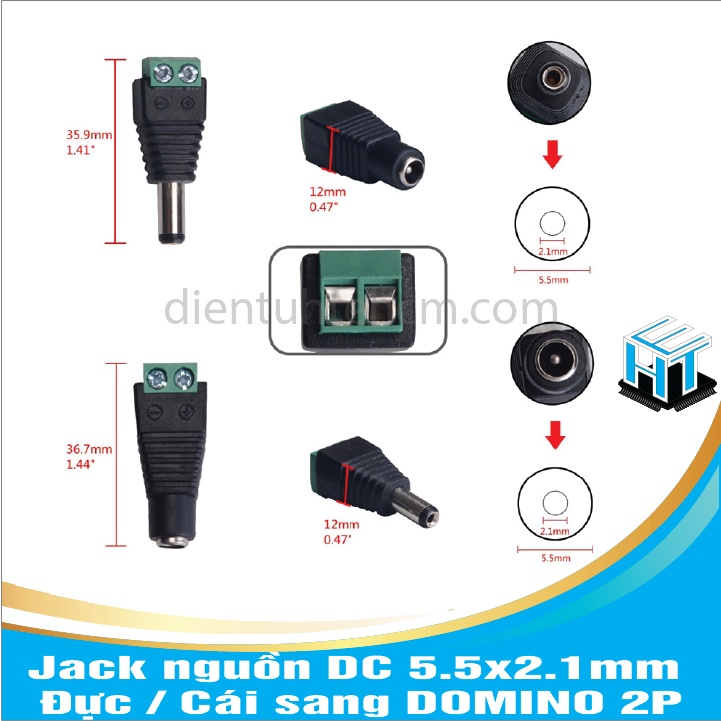 Jack nguồn DC 5.5x2.1mm Đực/Cái sang Domino 2P(combo 4 cái)