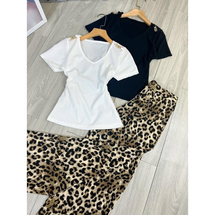 Đồ bộ nữ, set đồ bộ quần ống rộng lụa đai cao tôn dáng và áo thun cotton gân ôm ngắn tay phối dây xích xinh xịn