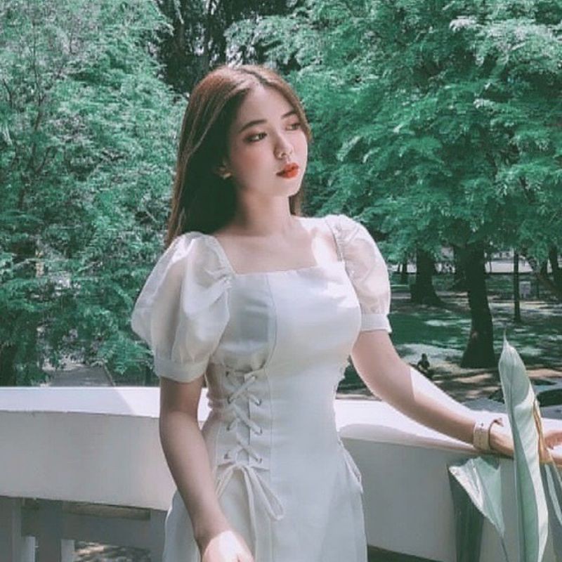 Đầm trắng tay phồng đan eo | BigBuy360 - bigbuy360.vn