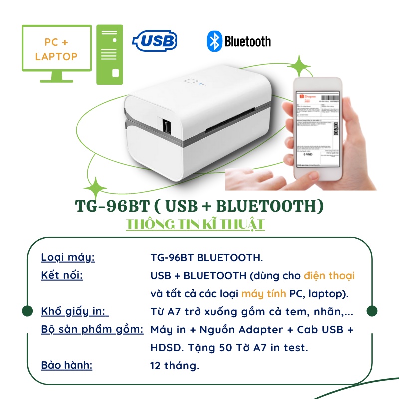 Máy in nhiệt TG-96BT  kết nối Bluetooth In Đơn Hàng bằng Điện Thoại, sàn TMĐT, Tem, Mã Vạch,