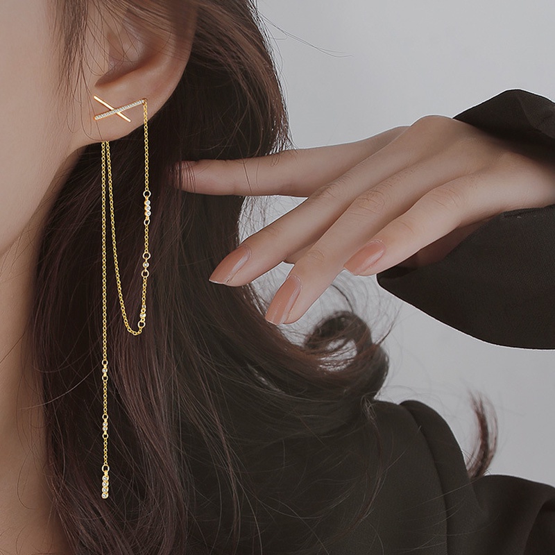 Bông tai mạ bạc 925 dạng dây tua dài đính đá zircon thời trang cho nữ