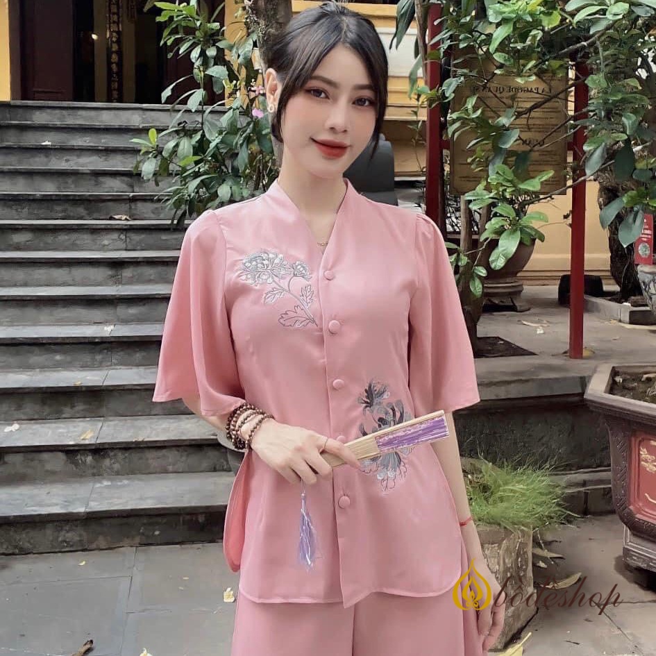 Bộ đồ phật tử đi chùa, tay ngắn thêu hoa, lụa Nhật mát lạnh, màu hồng, Pháp phục Bồ Đề
