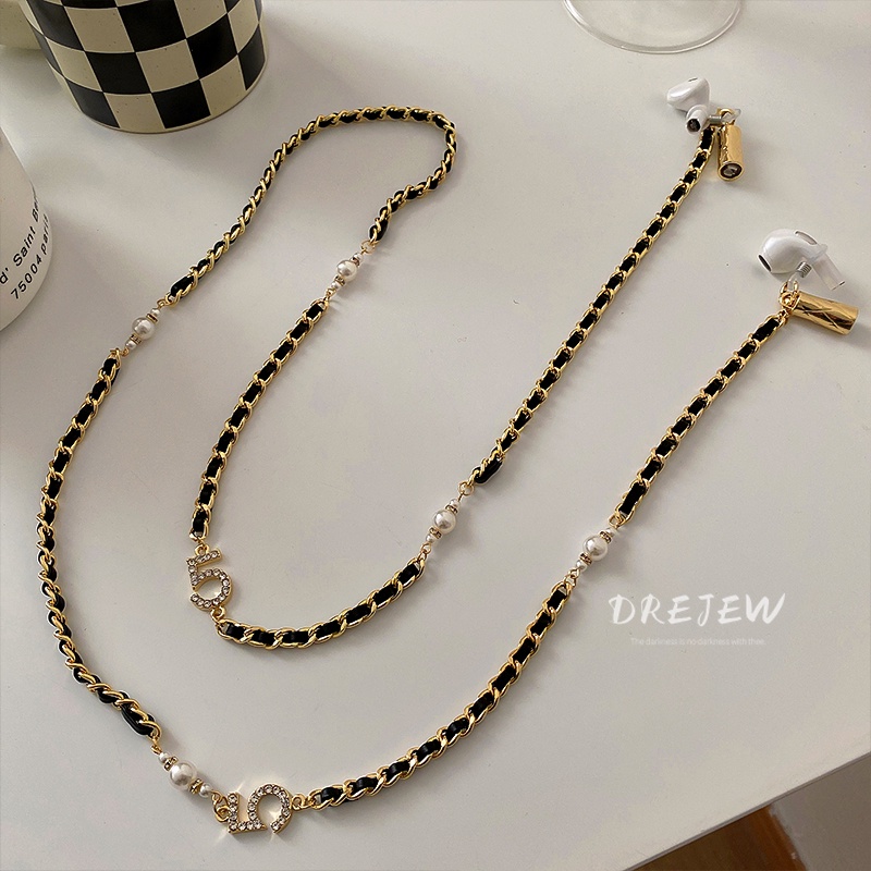DREJEW Dây chuyền dây da đính đá ngọc trai phong cách Hàn Quốc thời trang dễ phối đồ