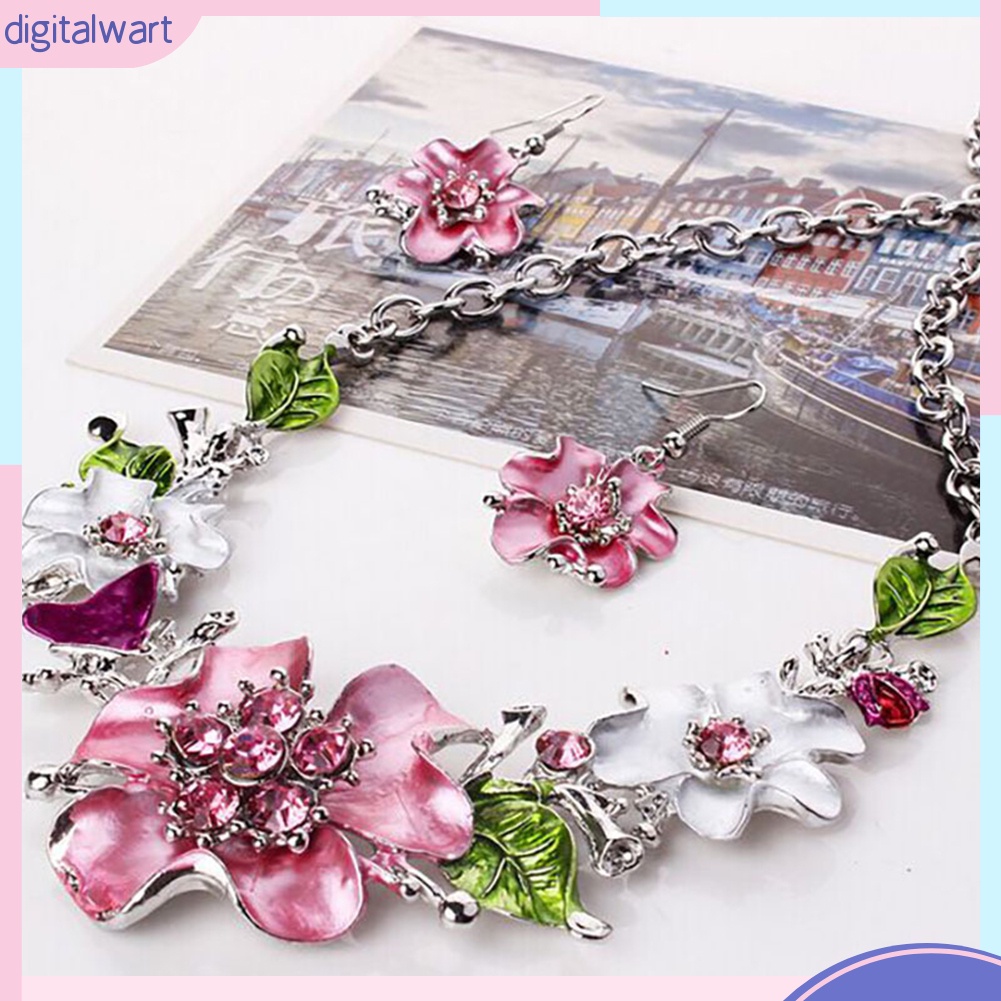 Bộ Vòng cổ + Bông Tai Đính Đá Hình Hoa Nhiều Màu Cho Nữ