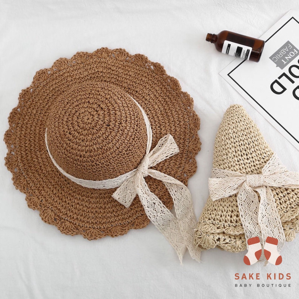Mũ cói cho mẹ và bé, Set 2 mũ cói Viền Bèo phối dây ren cực điệu mùa hè đi biển phong cách Hàn Quốc mới nhất