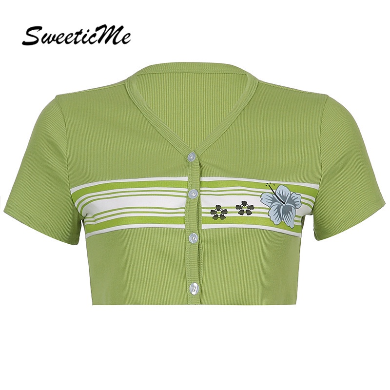 Áo Thun Cổ Chữ V Tay Ngắn In Hoa Sweeticme 2021