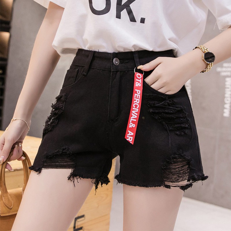 Quần Sọt Denim Lưng Cao Thiết Kế Rách Cá Tính