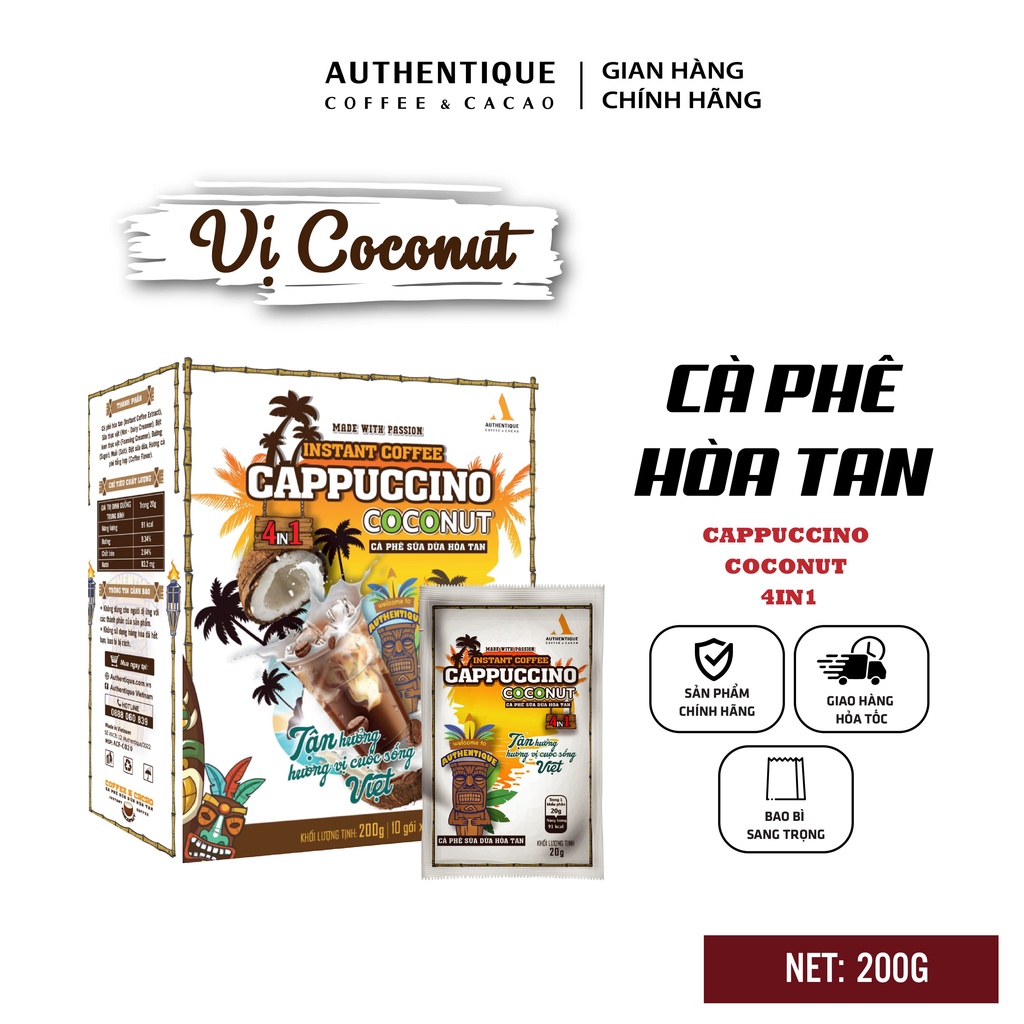 Cà phê pha sẵn hòa tan vị sữa dừa 4in1 (20G x 10Gói) - Cappuccino Coconut | Authentique Instant Coffee