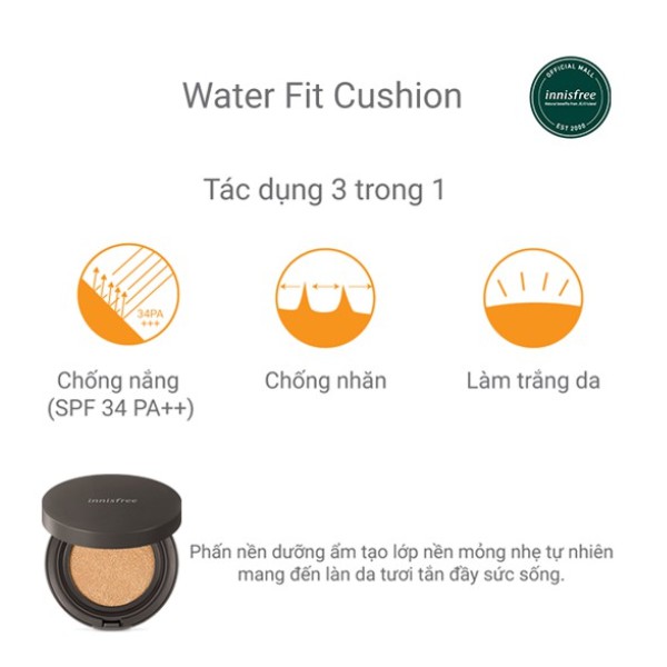 Phấn nước trang điểm dưỡng ẩm [innisfree] Water Fit Cushion SPF45 PA++ 14g