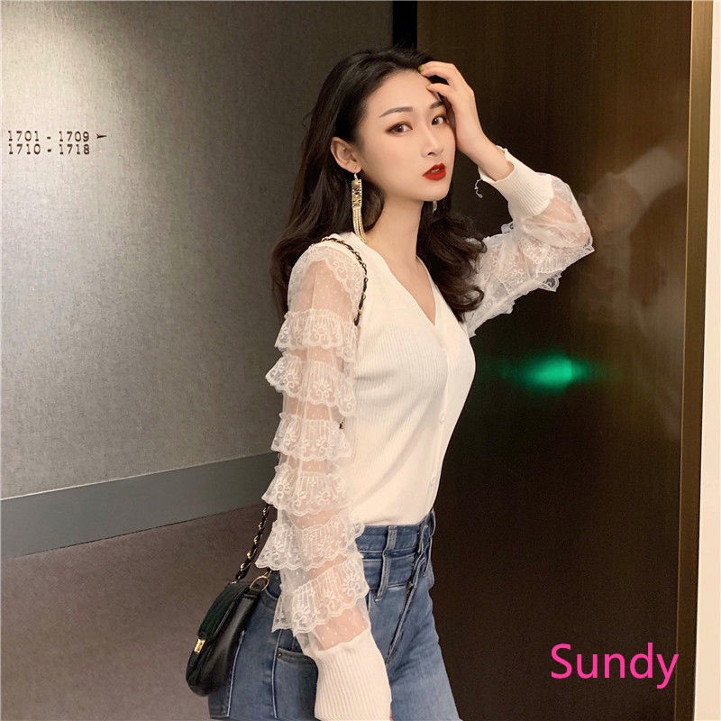 Áo Cardigan Dệt Kim Cổ Chữ V Phối Ren Thời Trang Mùa Thu Cho Nữ