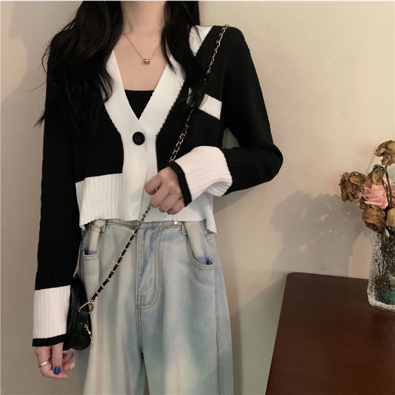 Áo Khoác Cardigan Dệt Kim Tay Dài Màu Sắc Tương Phản Phong Cách Retro Dành Cho Nữ