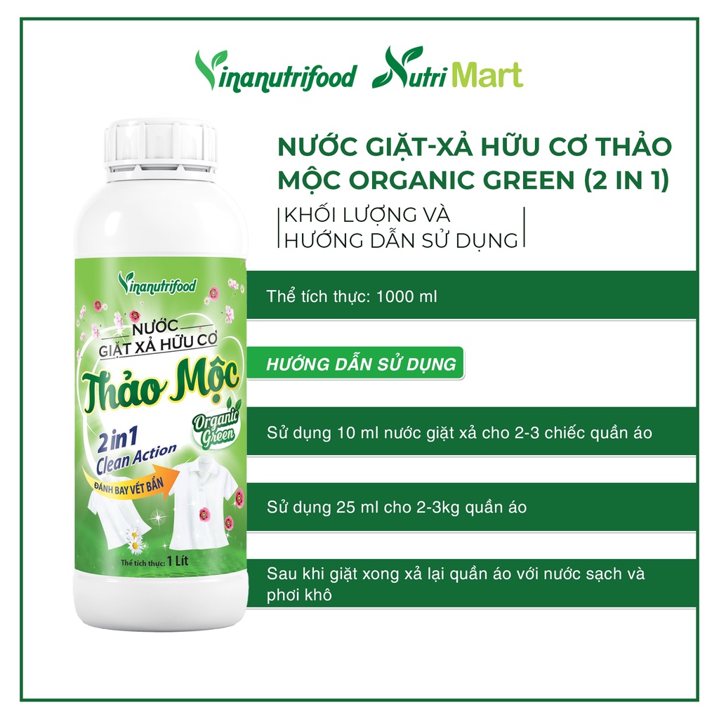 Nước Giặt - Xả Hữu Cơ Thảo Mộc Organic Green (2 in 1) Vinanutrifood, Chai 1000ml