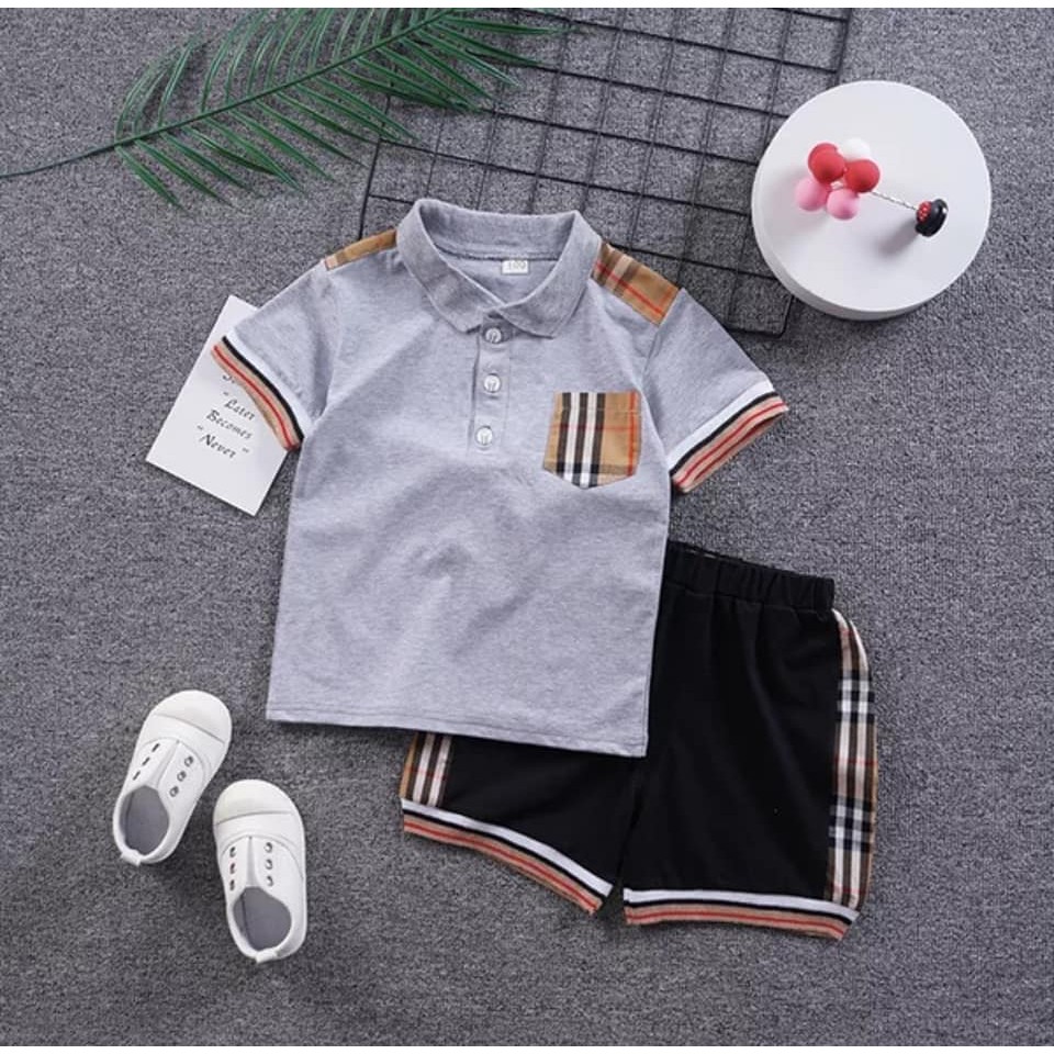 Bộ polo cộc tay  bé trai,áo cổ bẻ chất liệu cotton thấm hút mồ hôi,túi phối kẻ