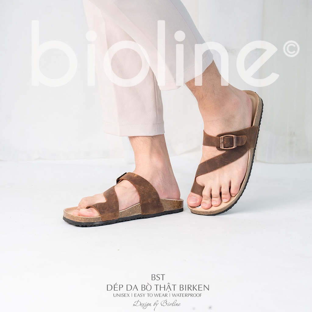 DK24-LÓT CHỐNG NƯỚC- Dép đế trấu Birken da bò thật nam nữ unisex xỏ ngón BIOLINE