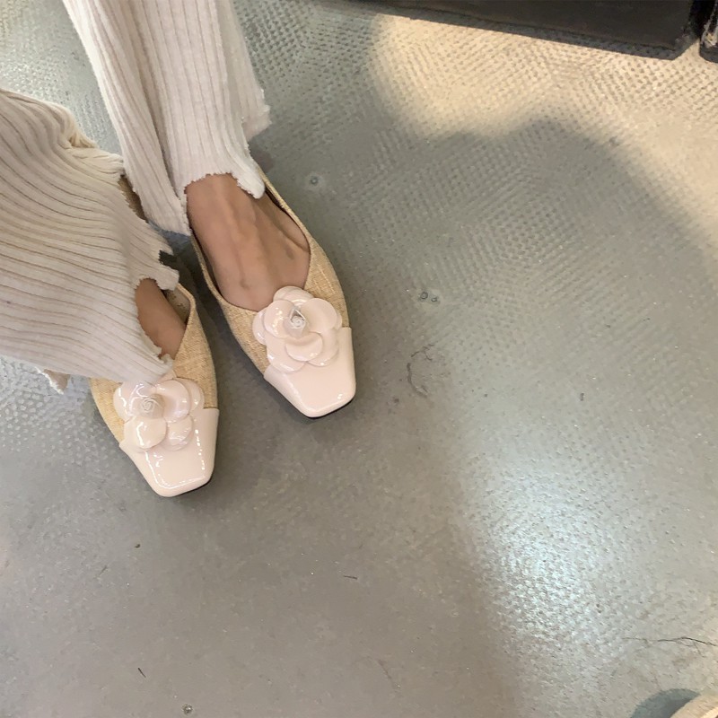 Giày búp bê hoa trà mũi vuông nữ tính, cổ điển