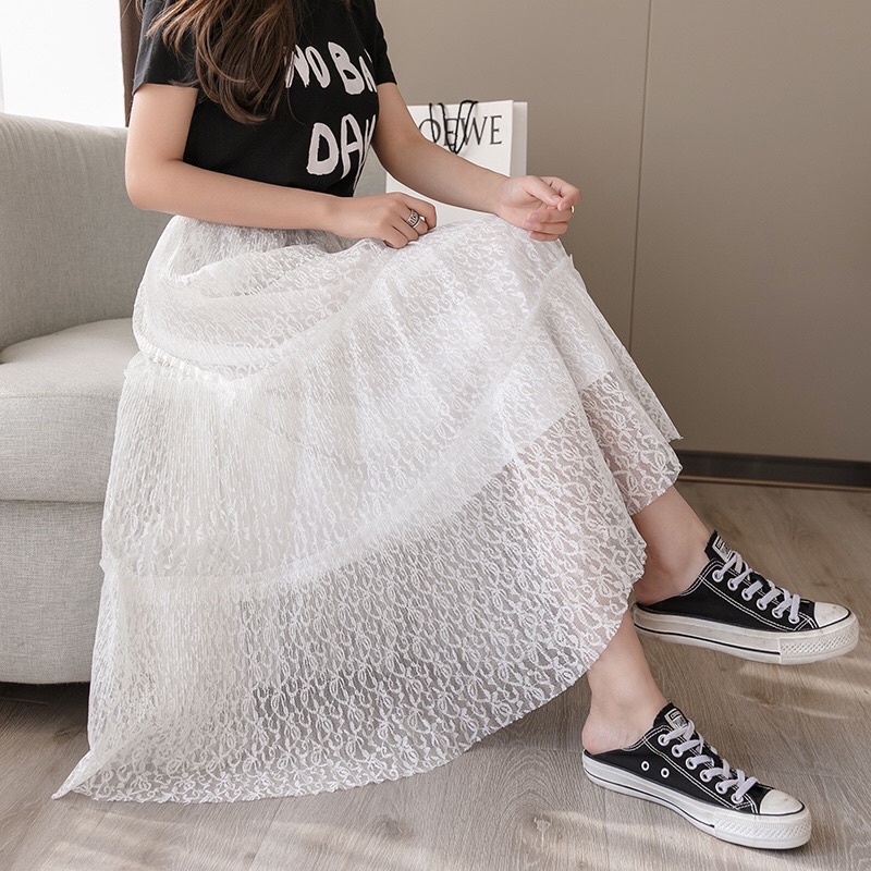 Chân váy ren dài 3 tầng dáng xoè Quảng Châu - Lumii