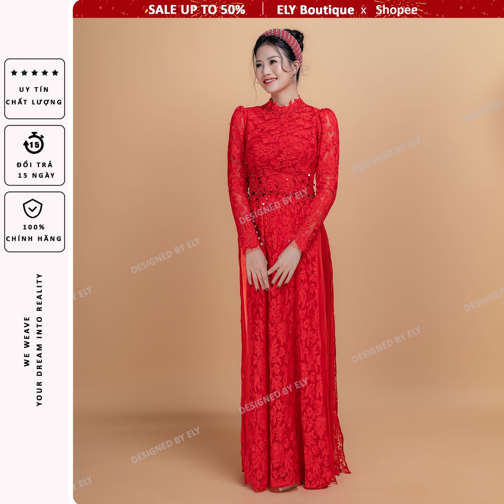 Áo dài cưới ELY Boutique, áo dài đỏ đính kết cổ cách điệu, 3 lớp 6 tà cách điệu