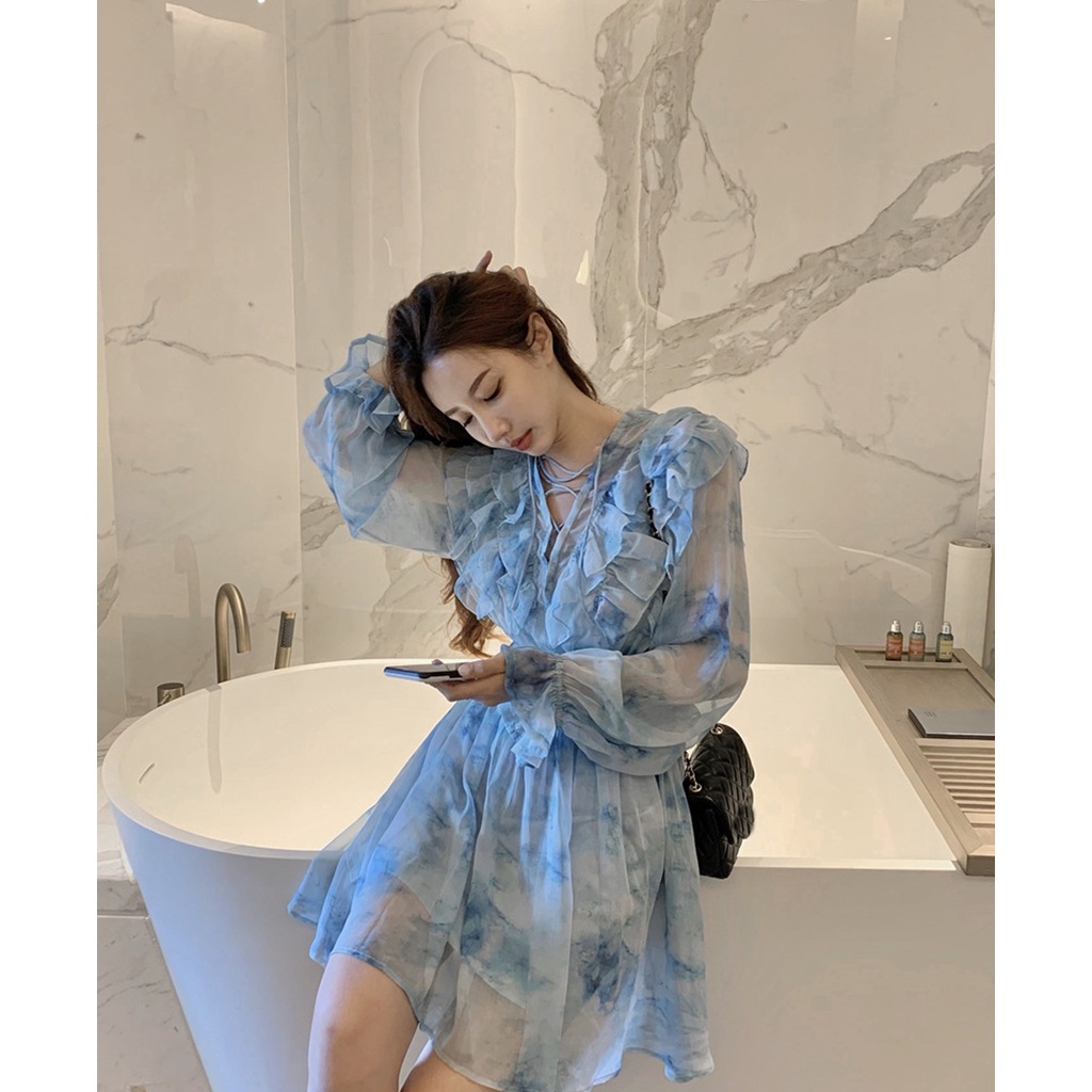 Jane Váy nữ mùa hè mới 2021 màu xanh nhạt voan gợn sóng
