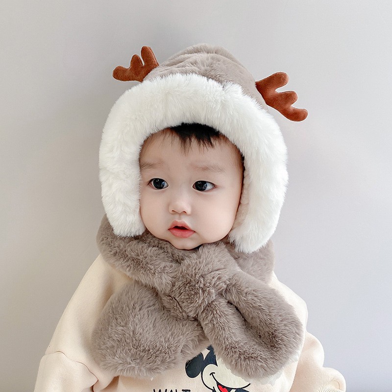 Mũ lông cừu tai tuần lộc kèm khăn quàng cổ phong cách Hàn Quốc cho bé