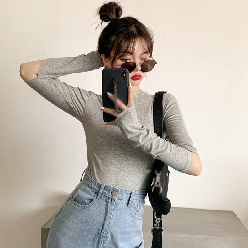 Áo thun tay dài cổ tròn màu trơn thời trang cho nữ