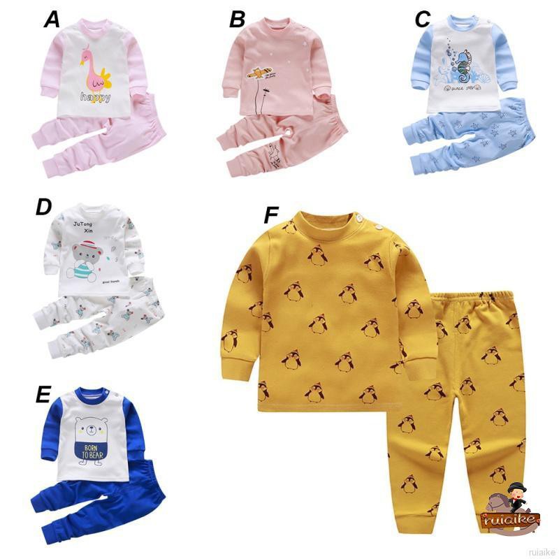 Bộ Đồ Ngủ Pijama Dài Tay 2 Món In Hình Hoạt Hình Cho Bé Từ 0-6 Tuổi