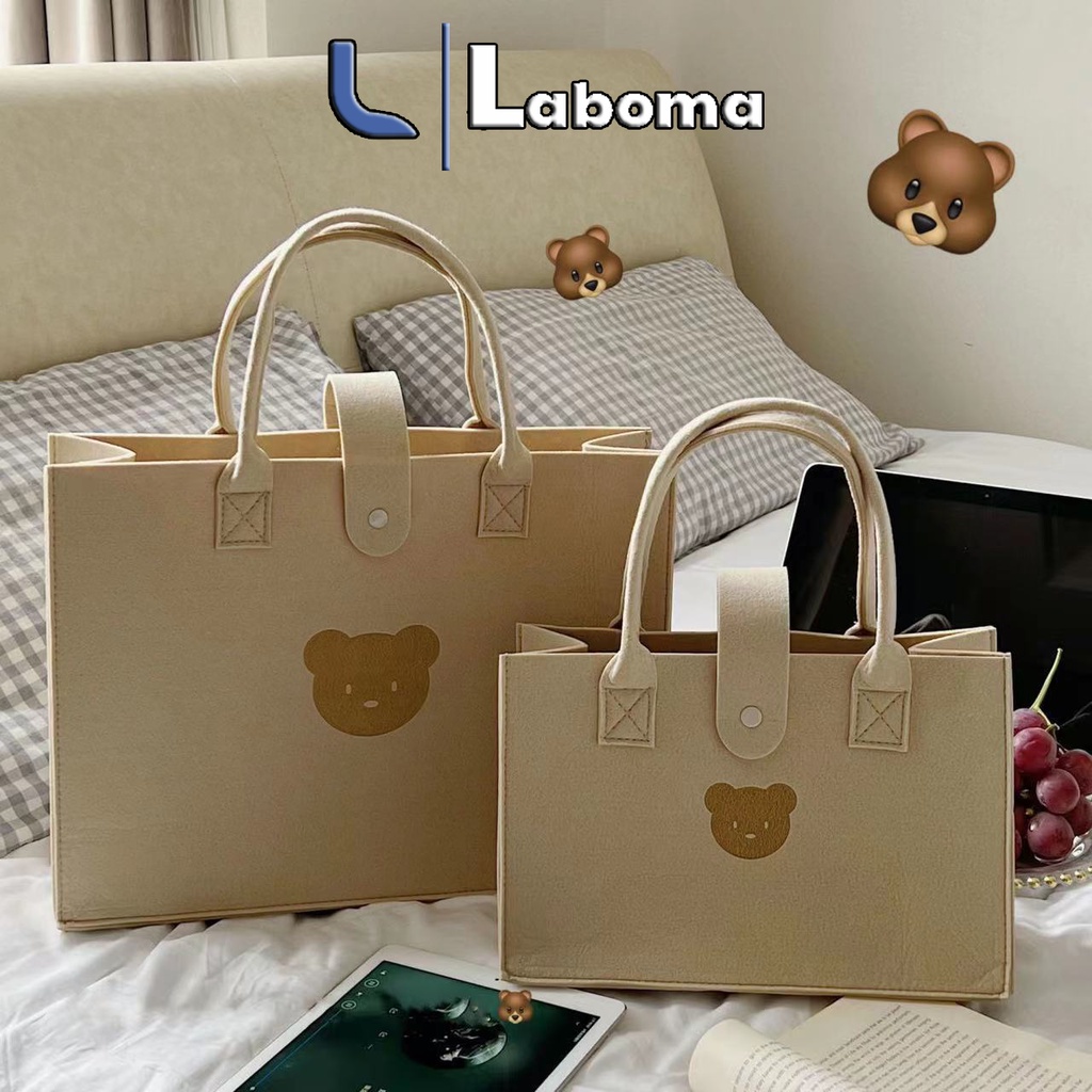 Túi xách nữ vuông cầm tay hình gấu màu trà sữa chất nỉ đi du lịch đi chơi, siêu nhẹ LABOMA DC012