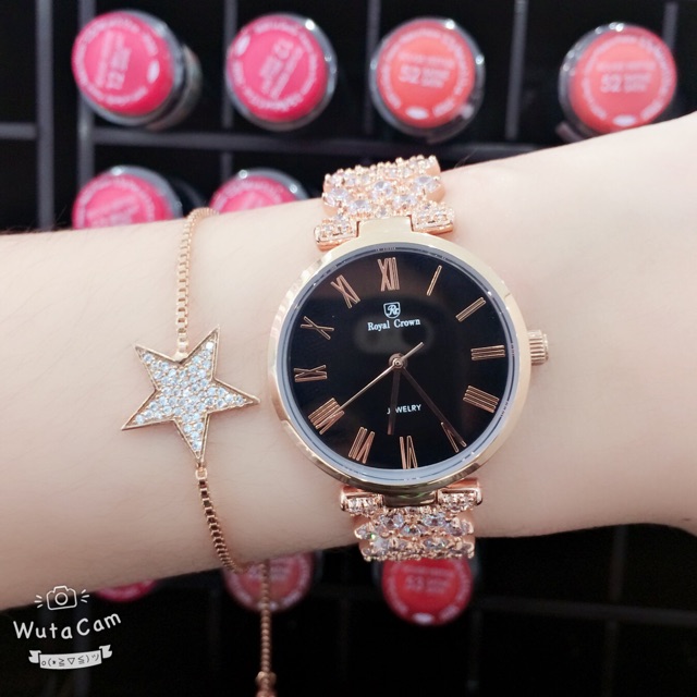 Đồng Hồ Nữ Chính Hãng Royal Crown 2601J-RG-BD (dây đá vỏ vàng hồng mặt đen)