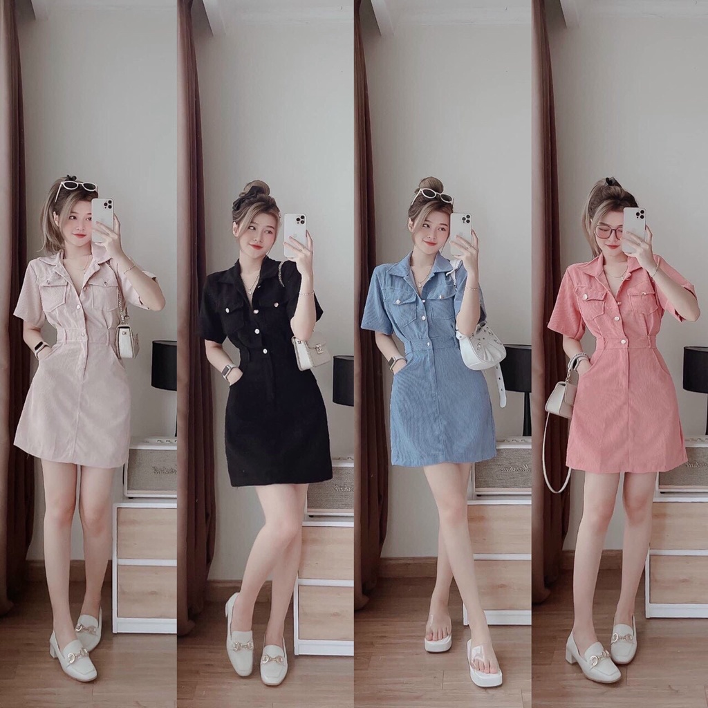 đầm nhung phối nút kiểu cổ sơ mi tay ngắn hot