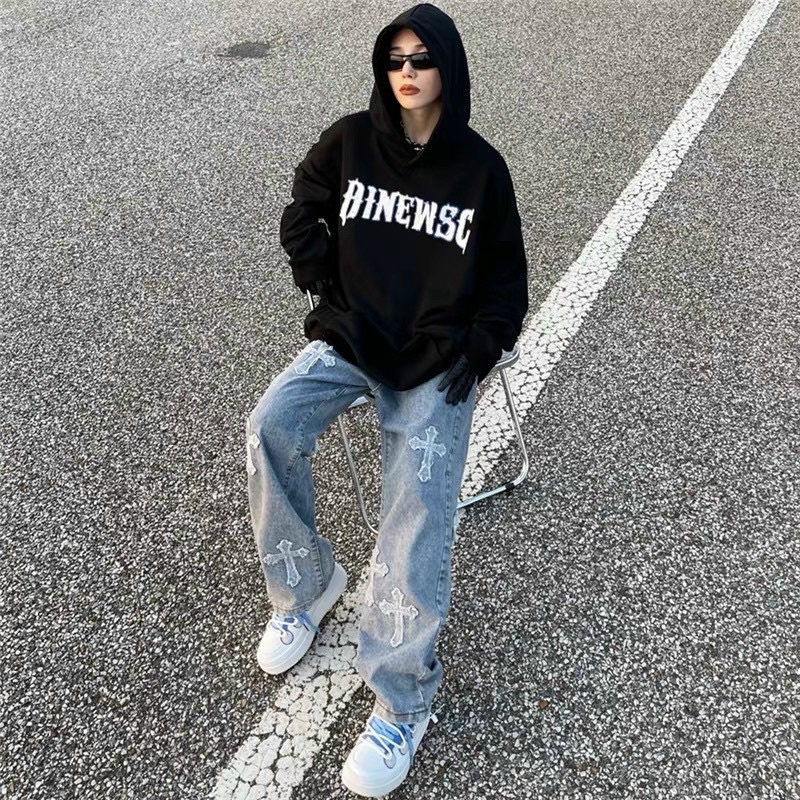 QUẦN BAGGY JEANS ỐNG RỘNG THÊU THÁNH GIÁ FORM UNISEX NAM NỮ (hình chụp thật)