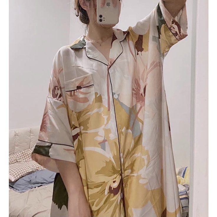 Váy ngủ Đầm mặc nhà pijama sơ mi QCCC cotton lanh lụa maxi dài hè mát mẻ bầu và sau sinh | BigBuy360 - bigbuy360.vn