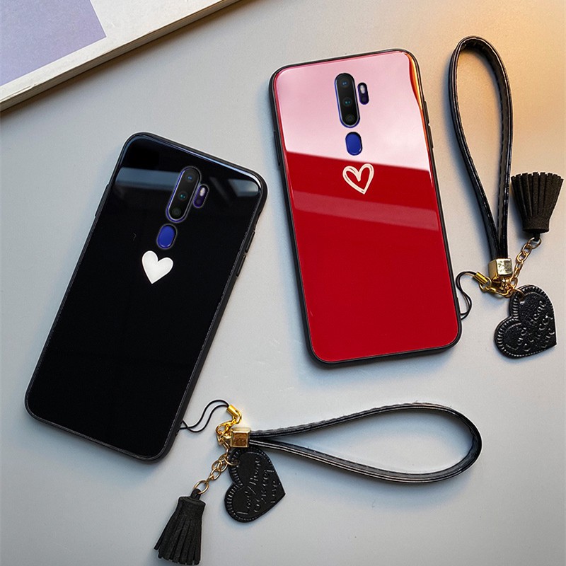 Bao da Ốp lưng OPPO F11 F7 F9 Pro F5 YOUTH F3 Plus Case 【one case one strap】Fashion Luxury Black Red love heart Hard Tempered glass soft silicone Cover Ốp lưng OPPO F11 Pro f5 F3 Lite Protection Phone Casing