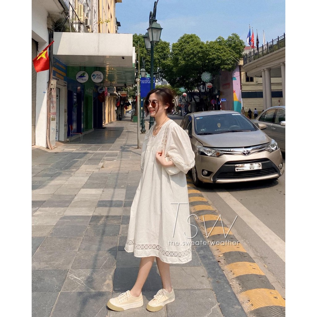 Váy trắng xuông pha ren tay bồng về hàng cực xinh Chất mềm đẹp ảnh thật 2021 | BigBuy360 - bigbuy360.vn