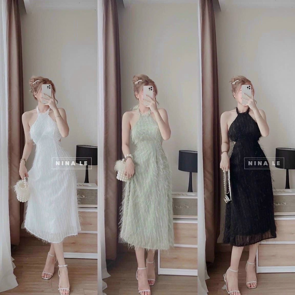 Đầm tiểu thư-đầm dạ hội sang chảnh cổ yếm nơ lưng voan lông thỏ cao cấp cực đẹp