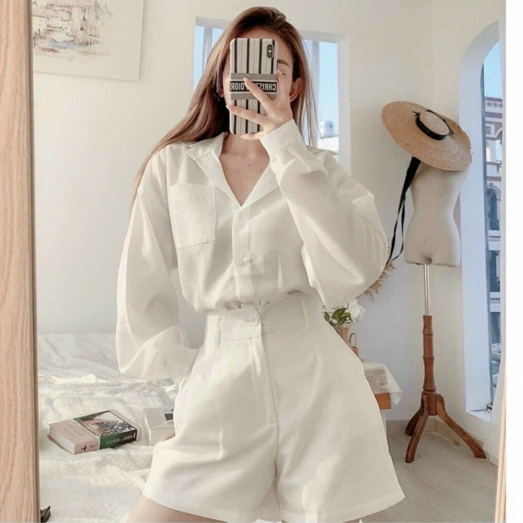 Shop Mall - Ngyên Set Sơ Mi Trắng mix Quần Đùi Trắng có túi cực sang- Áo sơ mi Trắng freesize - Quần short nữ ngố 2 lớp.