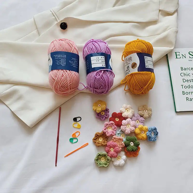 [DIY SERIES]Len dệt kim túi tự làm quà tặng thủ công móc túi chất liệu hoa túi phồng cánh hoa túi thủ công