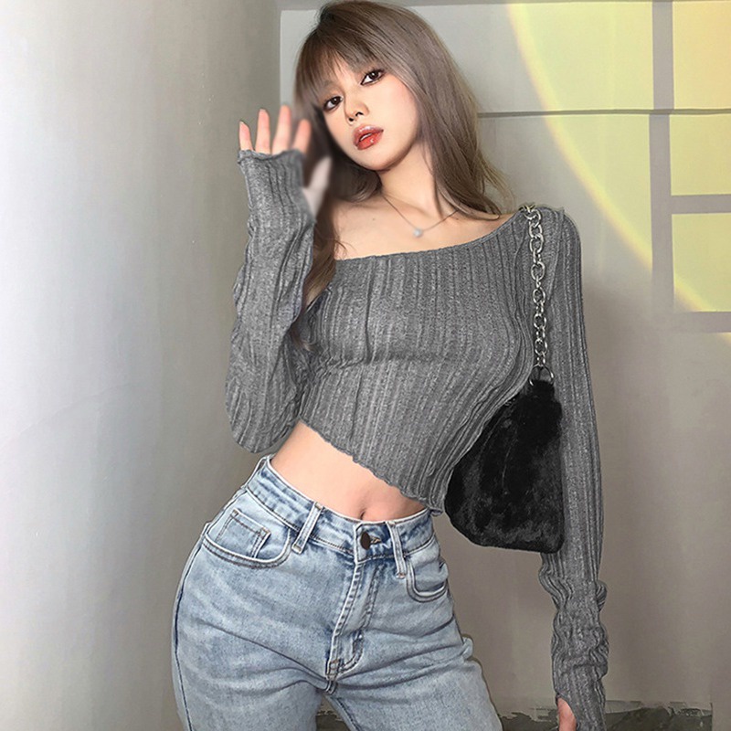 Áo Croptop Tay Dài Hở Vai Dáng Ôm Thời Trang Quyến Rũ Cho Nữ