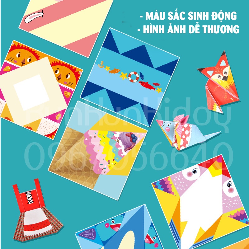 Bộ giấy thủ công origami nhiều hình động vật cho bé, giấy gấp thủ công nhiều màu