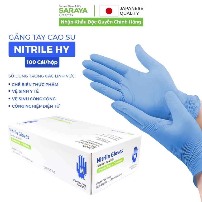 Găng tay cao su Saraya Nitrile HY Không Bột dùng trong thực phẩm, vệ sinh  - 100 Chiếc/Hộp