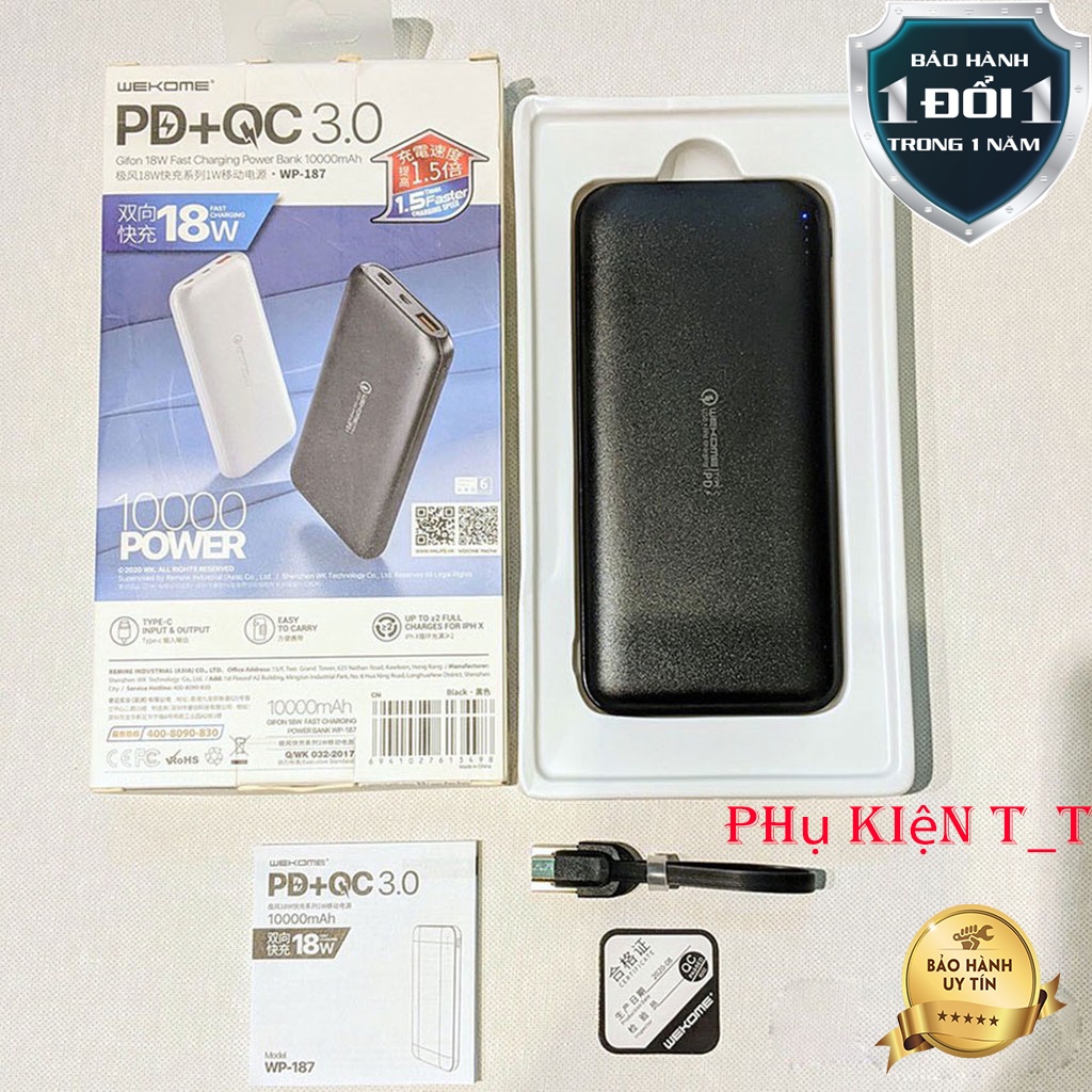 Pin Sạc Dự Phòng WP-187 10000mAh Sạc Nhanh PD 18W, Quick Charge 3.0 hỗ trợ tất cả điện thoại, Đa Năng Chính Hãng -BH 12T