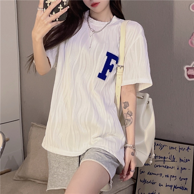 [Hana And Alice] Áo Thun Lụa Lạnh Tay Ngắn Dáng Rộng Thêu Họa Tiết Xinh Xắn Cho Nữ