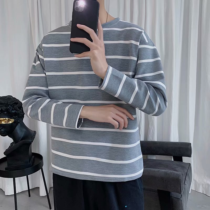 Áo thun cổ tròn dài tay dáng rộng họa tiết sọc ngang thời trang dành cho nam | BigBuy360 - bigbuy360.vn