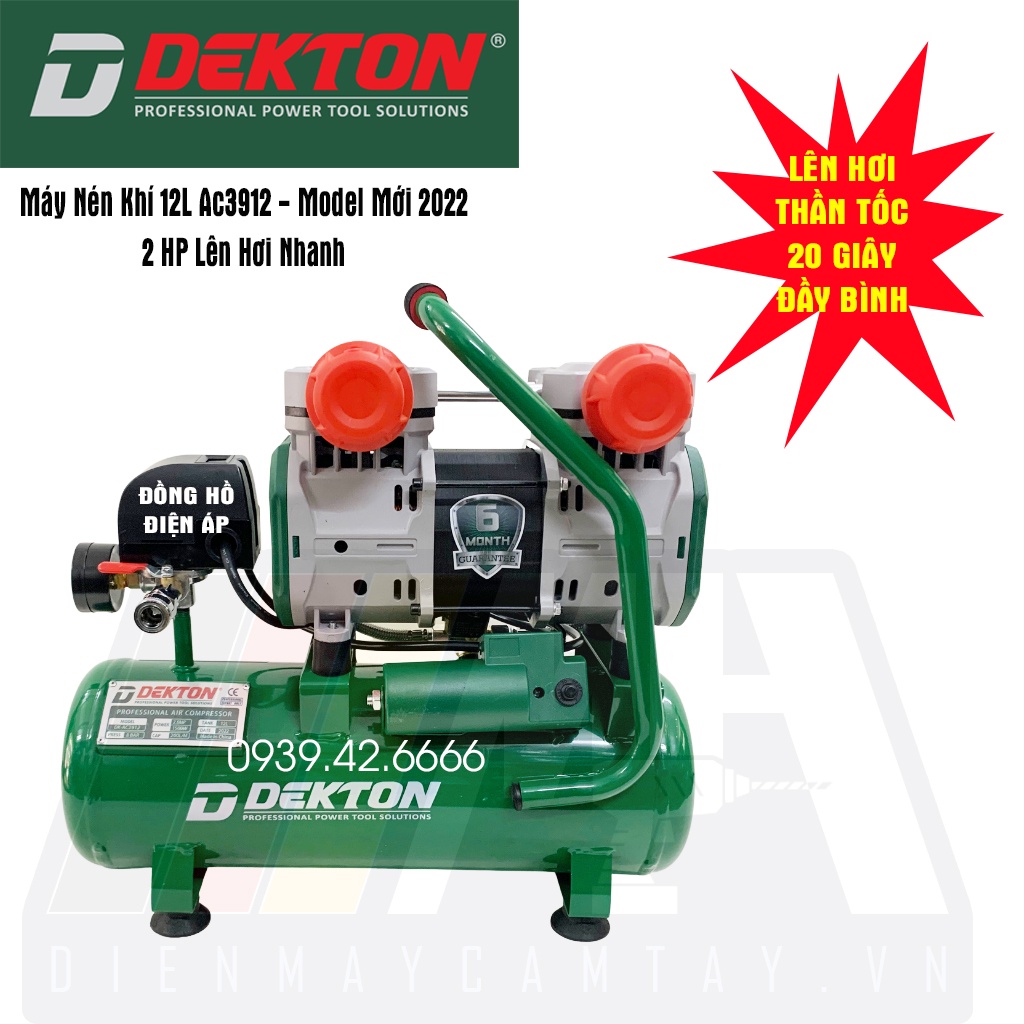 Máy Nén Khí Không Dầu Dekton DK-AC3912 - Công Suất 2.0HP/1500W - Dung Tích 12 lít - Lên Hơi Nhanh
