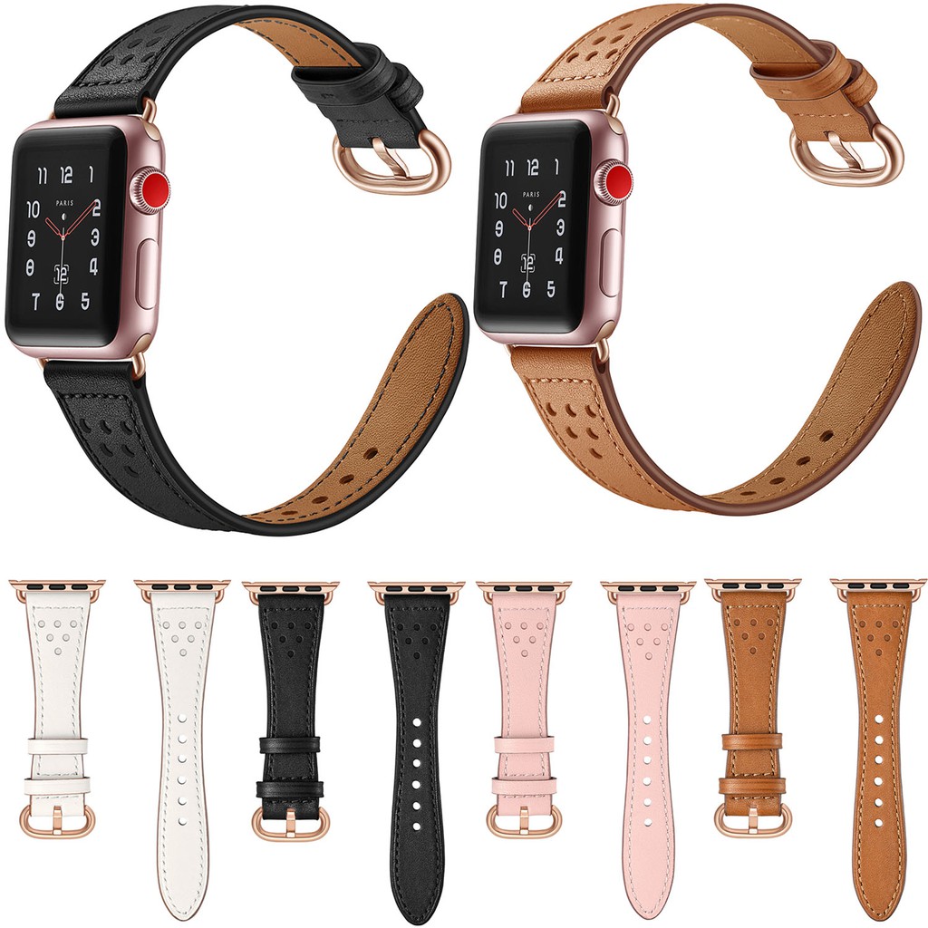 Dây Đeo Bằng Da Thật Màu Vàng Hồng Cho Đồng Hồ Thông Minh Apple Watch Band 44mm 42mm 40mm 38mm Series 5 4 3 2 1