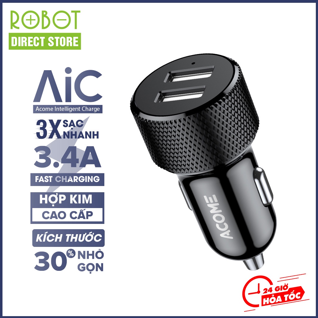 Tẩu sạc ô tô cốc sạc xe hơi Acome ACC03 Robot Direct Store hỗ trợ sạc nhanh 2.4A tích hợp hiện thị đèn led