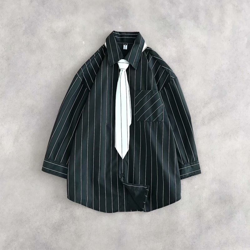 Áo Sơ Mi Tay Dài Kẻ Sọc Phối Cà Vạt Kiểu Harajuku Cá Tính Cho Nam | BigBuy360 - bigbuy360.vn