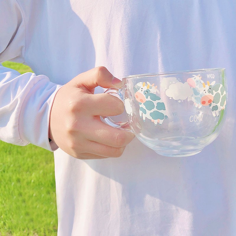 Tách Ly Cốc Thủy Tinh Ăn Sáng Ngũ Cốc Breakfast Cup Hình Bò Sữa (K Kèm Que Khuấy)