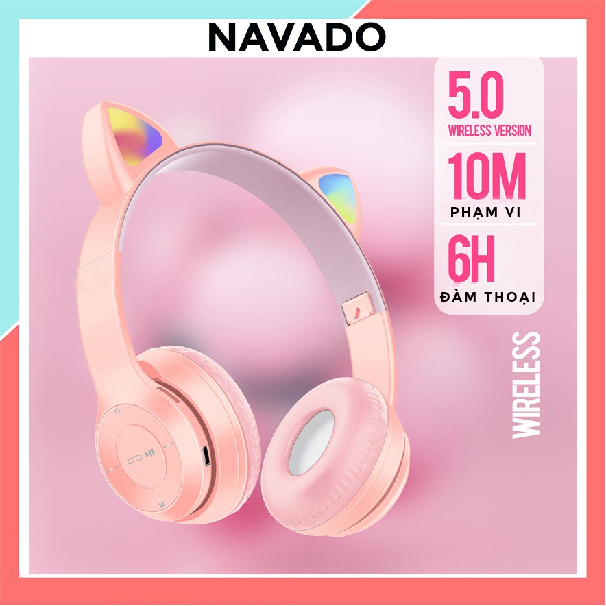 Tai Nghe Bluetooth P47-M Chụp tai có Mic Headphone không dây Dễ Thương tai mèo nghe nhạc, chơi game, cho bà bầu NAVADO