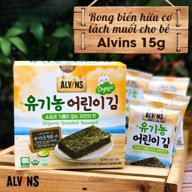 Hộp 10 gói rong biển hữu cơ tách muối Hàn Quốc Alvins