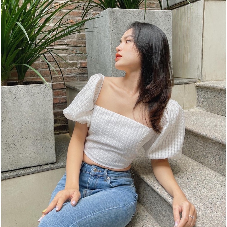 Áo croptop cổ vuông tay phồng trễ vai nữ REVERCLOTHINGS Rainbow Top